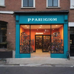 Generate an image of the exterior of 'Paradigm' bicycle shop, with the name large, brightly lit, and vibrant on the storefront, creating a visually captivating scene.