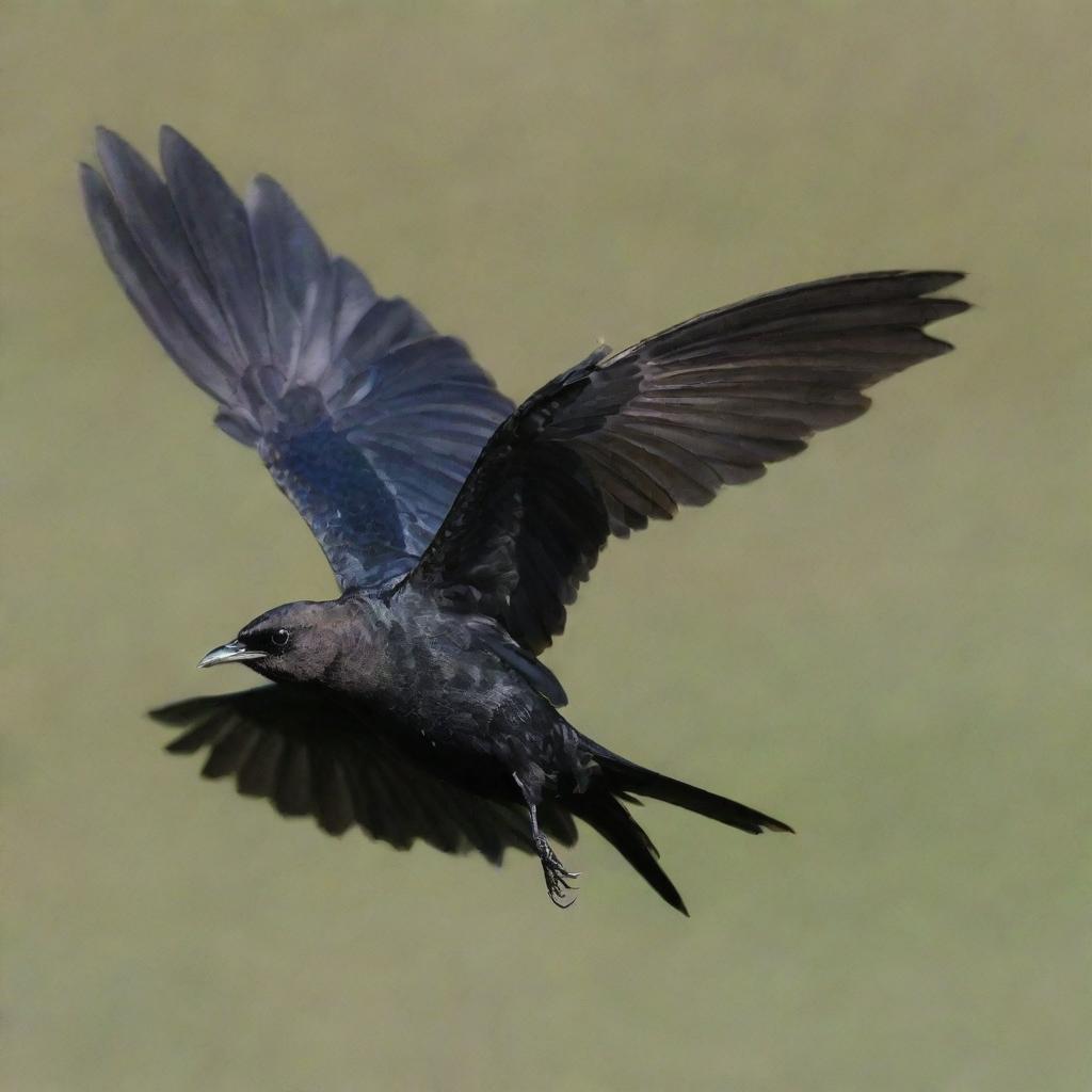 An image of a black Brewer's Blackbird flying elegantly, with a dark black book under its wings.