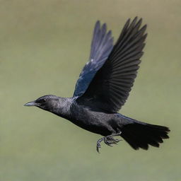 An image of a black Brewer's Blackbird flying elegantly, with a dark black book under its wings.