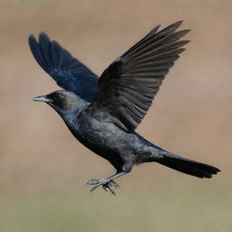 An image of a black Brewer's Blackbird flying elegantly, with a dark black book under its wings.