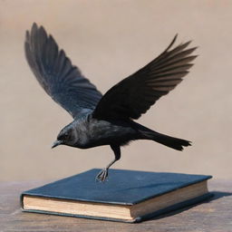 An image of a black Brewer's Blackbird flying elegantly, with a dark black book under its wings.