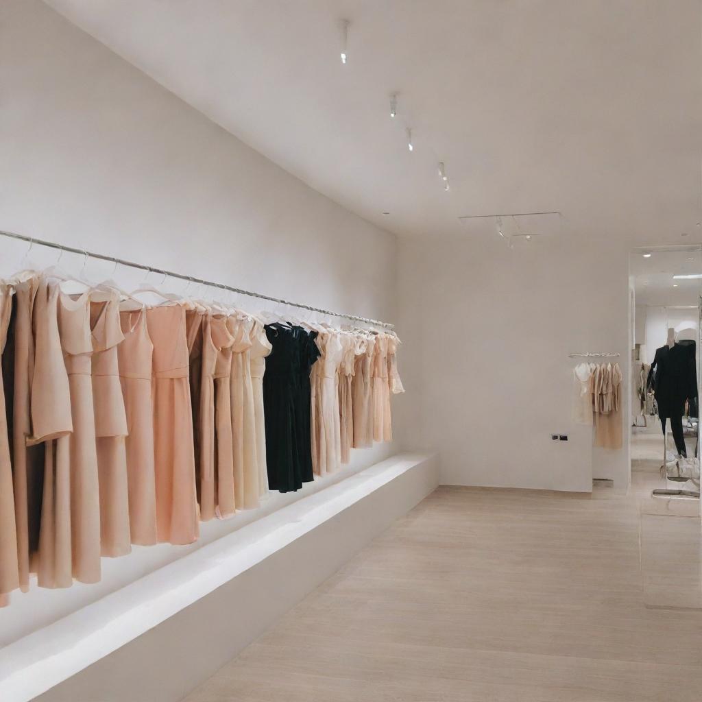 Modern dress shop named MAXO with chic interior, bright lighting and various trendy dresses on display.