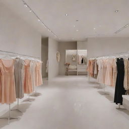 Modern dress shop named MAXO with chic interior, bright lighting and various trendy dresses on display.