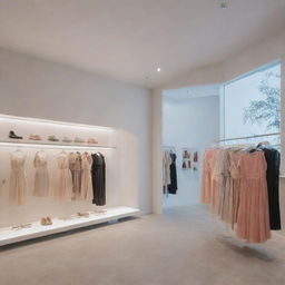 Modern dress shop named MAXO with chic interior, bright lighting and various trendy dresses on display.