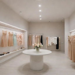 Modern dress shop named MAXO with chic interior, bright lighting and various trendy dresses on display.