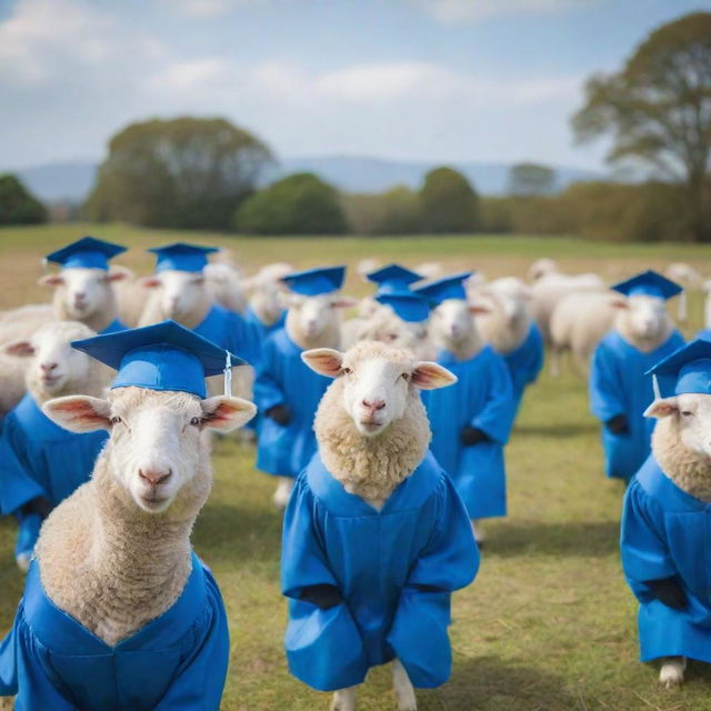 A scene of happy sheep wearing graduation caps and gowns in a field, with a clear blue sky in the background and a graduation stage