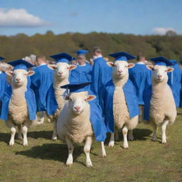 A scene of happy sheep wearing graduation caps and gowns in a field, with a clear blue sky in the background and a graduation stage