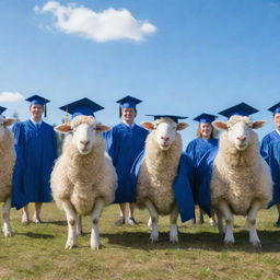 A scene of happy sheep wearing graduation caps and gowns in a field, with a clear blue sky in the background and a graduation stage