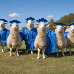 A scene of happy sheep wearing graduation caps and gowns in a field, with a clear blue sky in the background and a graduation stage