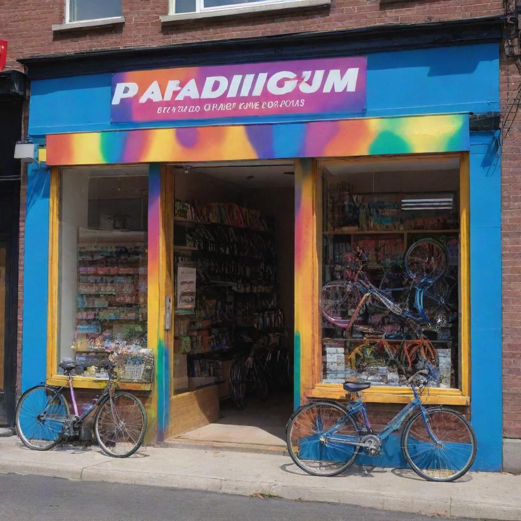 Produce an image of 'Paradigm' bicycle shop's storefront. Features include a large, bright, and multi-colored shop name, with abundant splashes of vibrant colors enhancing the overall appearance.