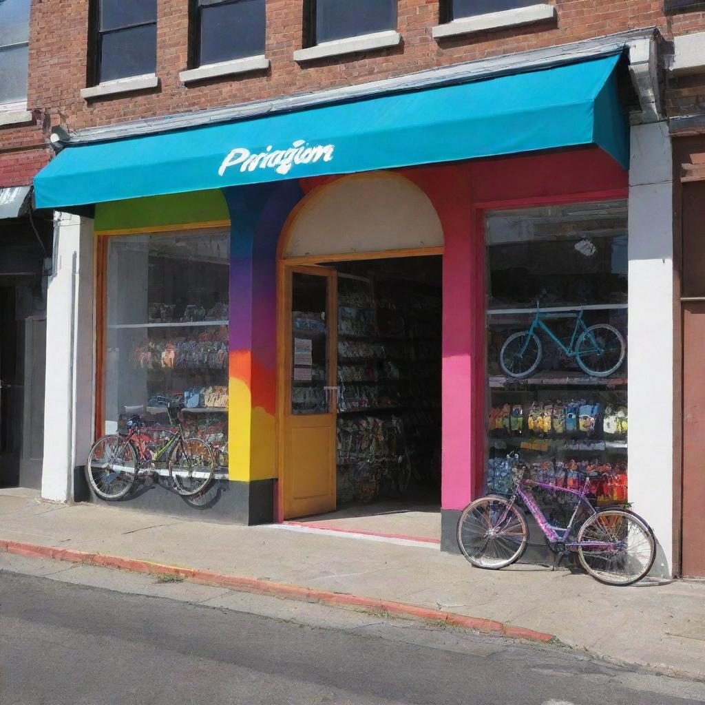 Produce an image of 'Paradigm' bicycle shop's storefront. Features include a large, bright, and multi-colored shop name, with abundant splashes of vibrant colors enhancing the overall appearance.