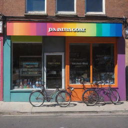 Produce an image of 'Paradigm' bicycle shop's storefront. Features include a large, bright, and multi-colored shop name, with abundant splashes of vibrant colors enhancing the overall appearance.