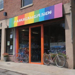 Produce an image of 'Paradigm' bicycle shop's storefront. Features include a large, bright, and multi-colored shop name, with abundant splashes of vibrant colors enhancing the overall appearance.