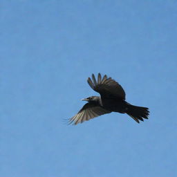 A black Brewer's Blackbird in mid-flight against a clear sky