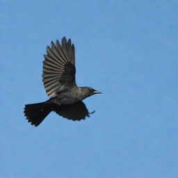 A black Brewer's Blackbird in mid-flight against a clear sky