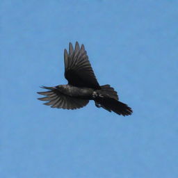 A black Brewer's Blackbird in mid-flight against a clear sky