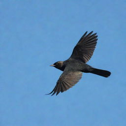 A black Brewer's Blackbird in mid-flight against a clear sky