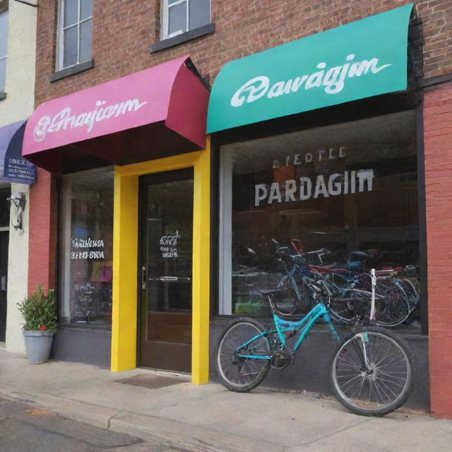 Create an image showcasing the 'Paradigm' bicycle shop with a large, bright, colorful sign on the storefront. Incorporate more neutral colors to comfortably blend the vibrancy, creating a balanced, appealing look.