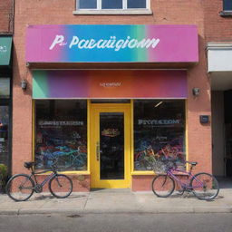 Create an image showcasing the 'Paradigm' bicycle shop with a large, bright, colorful sign on the storefront. Incorporate more neutral colors to comfortably blend the vibrancy, creating a balanced, appealing look.