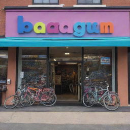 Create an image showcasing the 'Paradigm' bicycle shop with a large, bright, colorful sign on the storefront. Incorporate more neutral colors to comfortably blend the vibrancy, creating a balanced, appealing look.