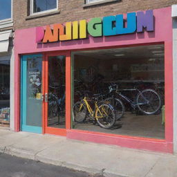 Create an image showcasing the 'Paradigm' bicycle shop with a large, bright, colorful sign on the storefront. Incorporate more neutral colors to comfortably blend the vibrancy, creating a balanced, appealing look.