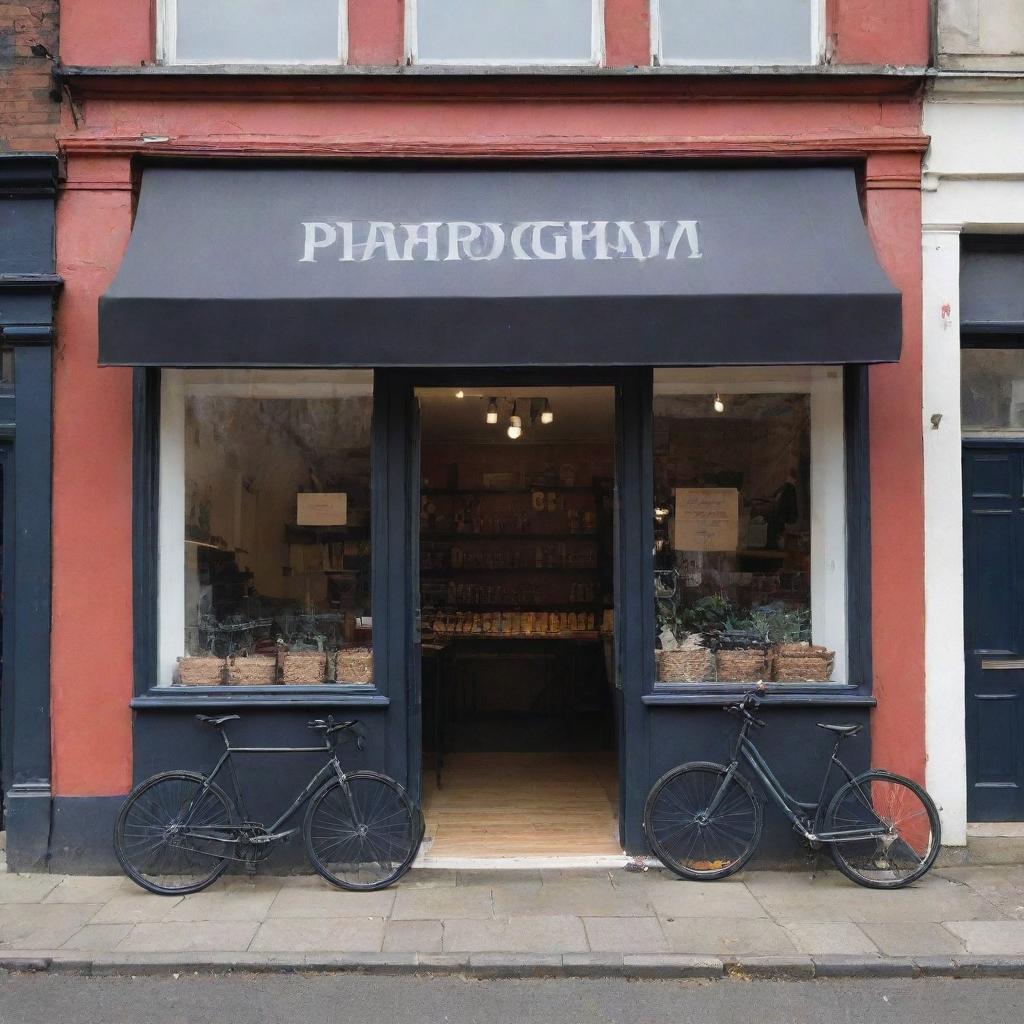 Produce an image showing the 'Paradigm' bicycle shop with a noticeably large and boldly stated shop name adorning the storefront, making it stand out prominently.