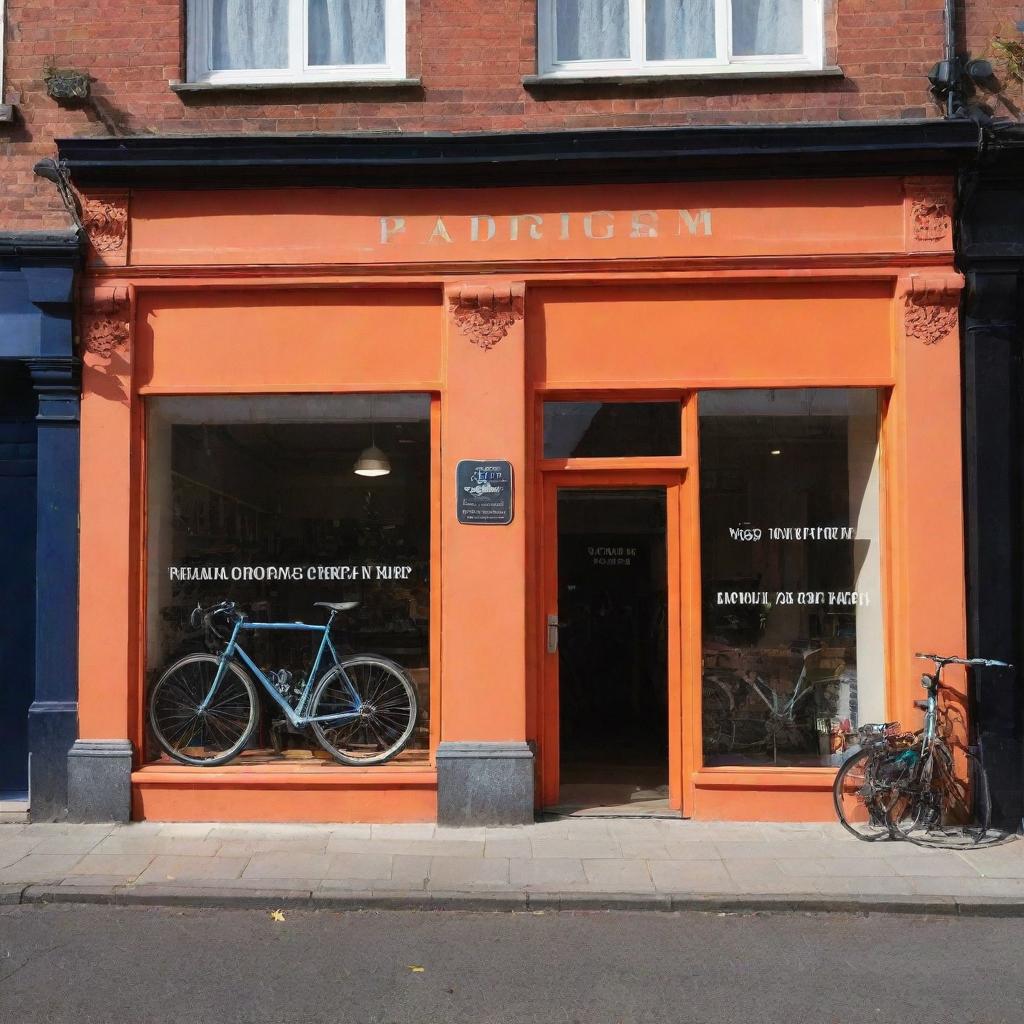 Produce an image showing the 'Paradigm' bicycle shop with a noticeably large and boldly stated shop name adorning the storefront, making it stand out prominently.