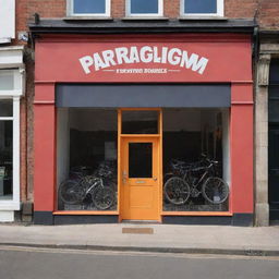 Produce an image showing the 'Paradigm' bicycle shop with a noticeably large and boldly stated shop name adorning the storefront, making it stand out prominently.