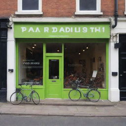 Produce an image showing the 'Paradigm' bicycle shop with a noticeably large and boldly stated shop name adorning the storefront, making it stand out prominently.