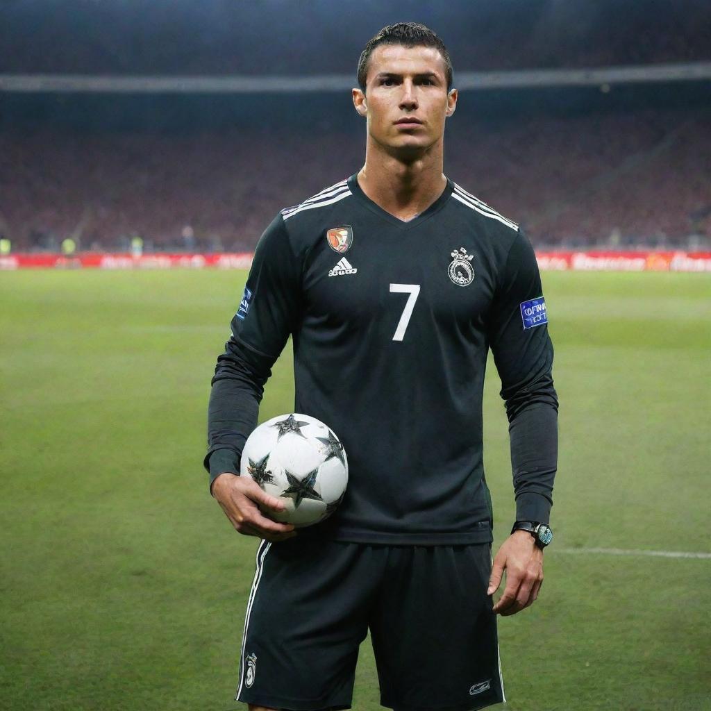 Cristiano Ronaldo, CR7, in his football gear striking a pose on the football field