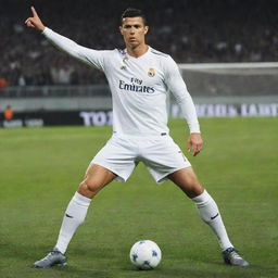 Cristiano Ronaldo, CR7, in his football gear striking a pose on the football field