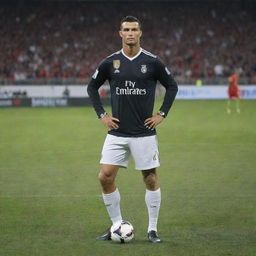 Cristiano Ronaldo, CR7, in his football gear striking a pose on the football field