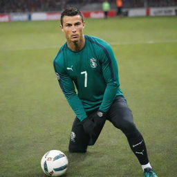 Cristiano Ronaldo, CR7, in his football gear striking a pose on the football field