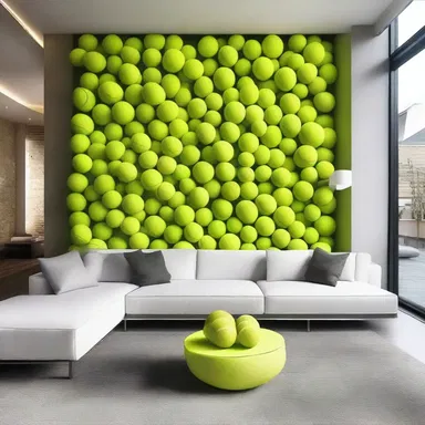 The sleek and modern living room design features a unique accent wall made entirely of tennis balls.