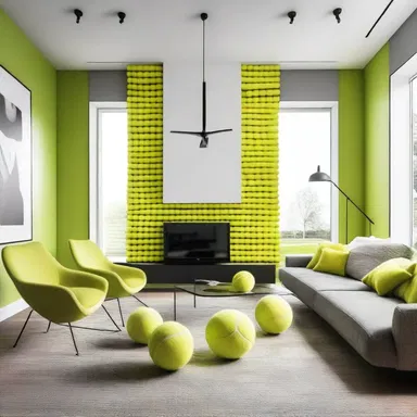 The sleek and modern living room design features a unique accent wall made entirely of tennis balls.