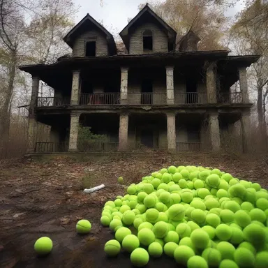 The eerie abandoned house was filled with tennis balls, creating a creepy atmosphere that sent shivers down our spines.