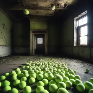 The eerie abandoned house was filled with tennis balls, creating a creepy atmosphere that sent shivers down our spines.
