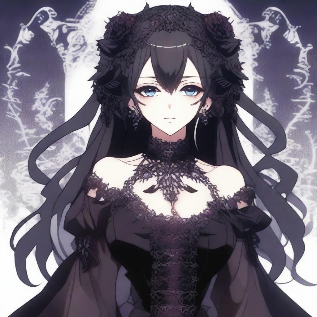 An image featuring a gothic-styled anime woman, dressed in a fashionable outfit that reflects her unique style