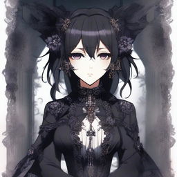 An image featuring a gothic-styled anime woman, dressed in a fashionable outfit that reflects her unique style