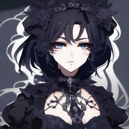 An image featuring a gothic-styled anime woman, dressed in a fashionable outfit that reflects her unique style