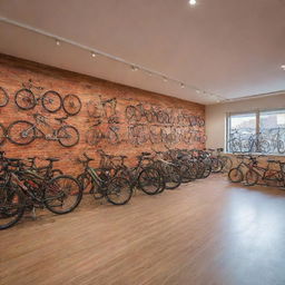 Generate a high-quality image of a vibrant, brightly lit bicycle shop, glowing with warm and inviting lighting, creating a surroundings that attract bike enthusiasts.