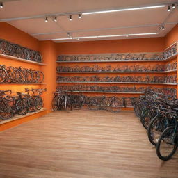 Generate a high-quality image of a vibrant, brightly lit bicycle shop, glowing with warm and inviting lighting, creating a surroundings that attract bike enthusiasts.