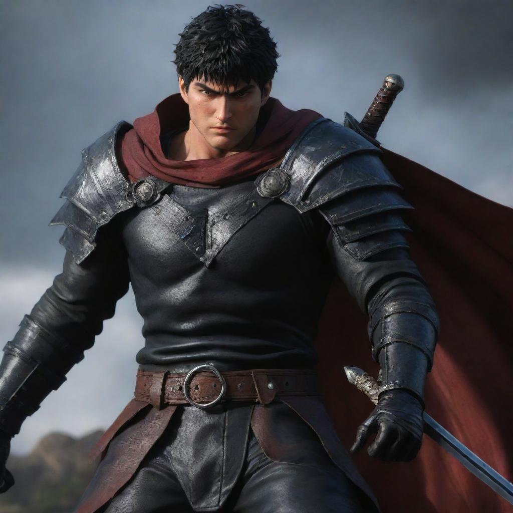 Create a stylistically realistic image inspired by the Berserk Anime, prioritizing detailed character representation and dynamic action scenes.