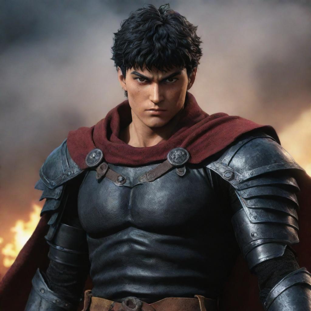 Create a stylistically realistic image inspired by the Berserk Anime, prioritizing detailed character representation and dynamic action scenes.