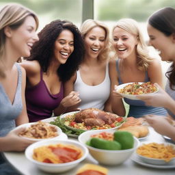 A high-quality, photorealistic image showcasing a group of attractive Caucasian women indulging in a feast