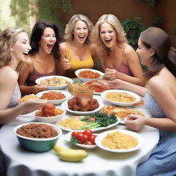 A high-quality, photorealistic image showcasing a group of attractive Caucasian women indulging in a feast