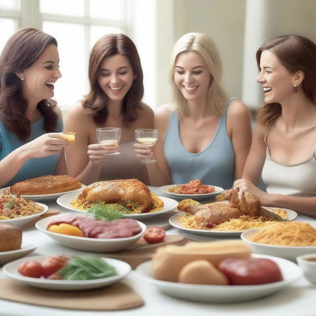 A high-quality, photorealistic image showcasing a group of attractive Caucasian women indulging in a feast