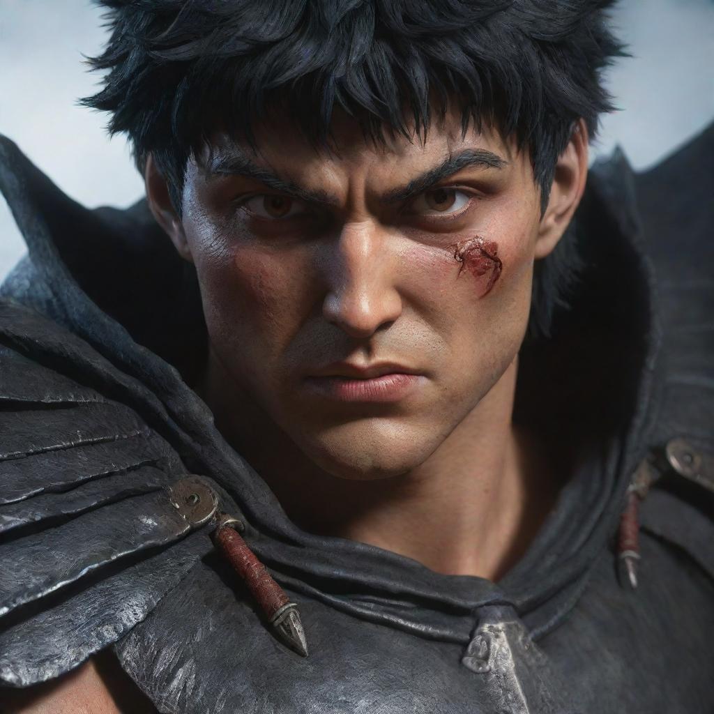 Enhance the previously created Berserk Anime image to look even more realistic; focus on advanced shading, intricate texture details, and a 3D lifelike representation.