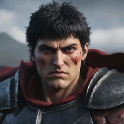 Enhance the previously created Berserk Anime image to look even more realistic; focus on advanced shading, intricate texture details, and a 3D lifelike representation.