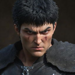 Enhance the previously created Berserk Anime image to look even more realistic; focus on advanced shading, intricate texture details, and a 3D lifelike representation.